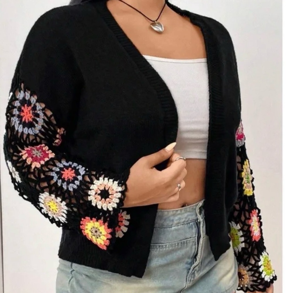 Black Cardigan - Colorful Crochet Bell Sleeves, small